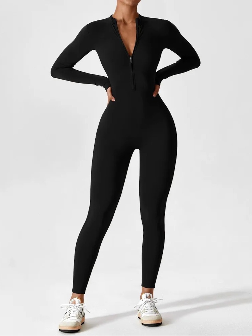Black Long-Sleeve Jumpsuit with Zip Front